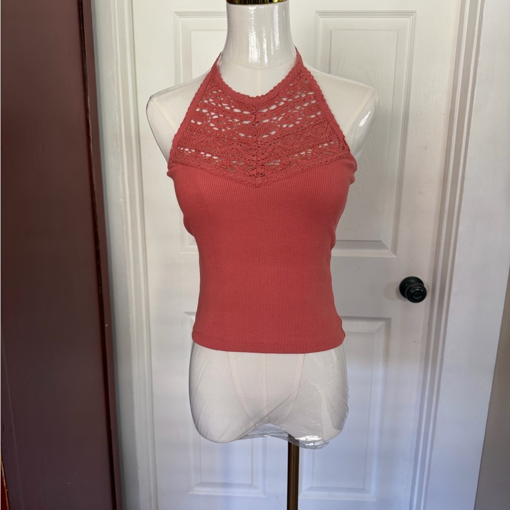 Free People Coral Lace Halter Crop Top
